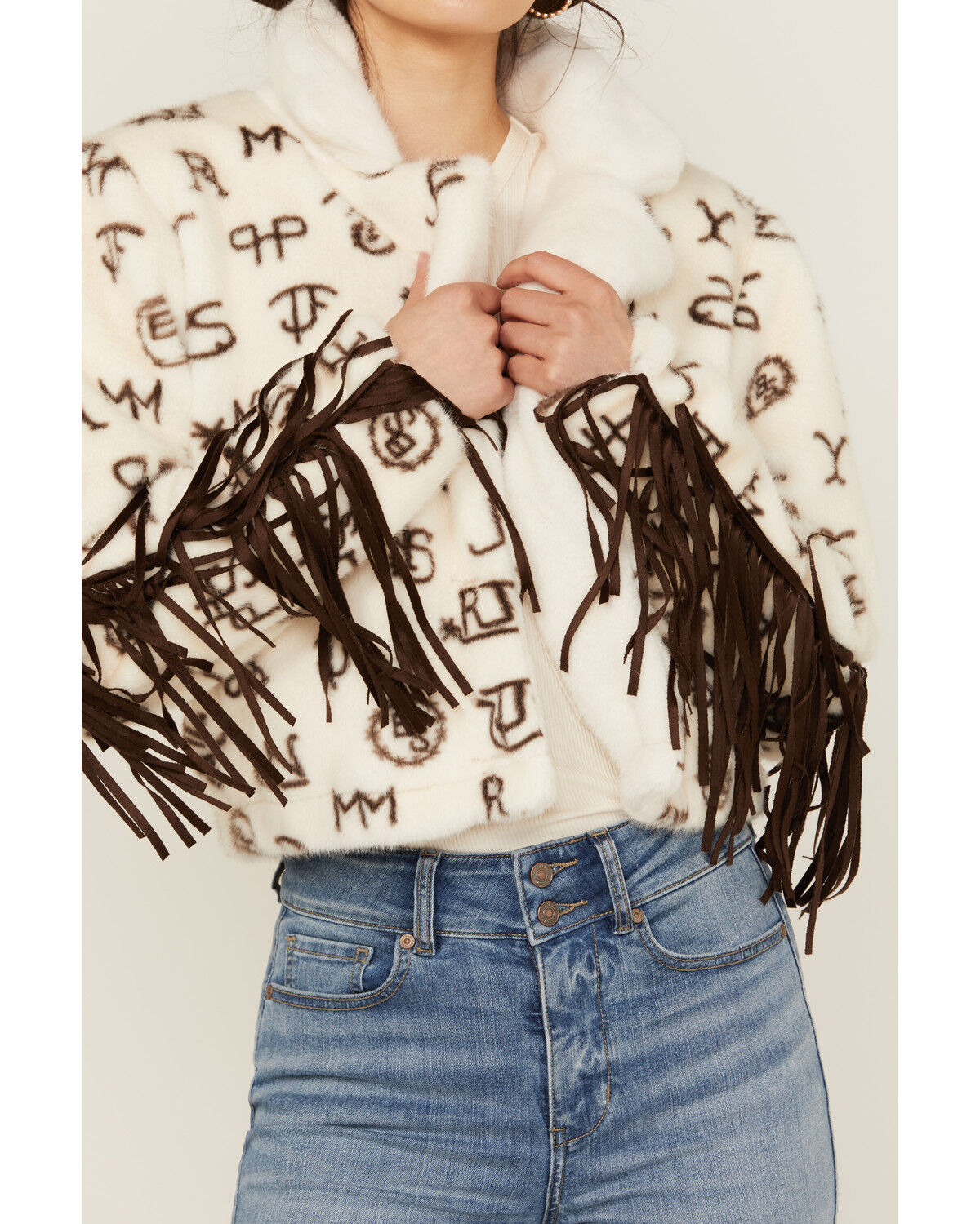 Image #3 - Panhandle Women's Conversation Print Fur Fringe Jacket, Cream, hi-res