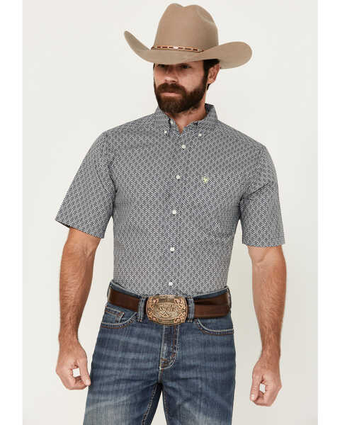 Ariat Men's Trace Mosaic Geo Print Fitted Short Sleeve Button-Down Western Shirt, Dark Blue, hi-res