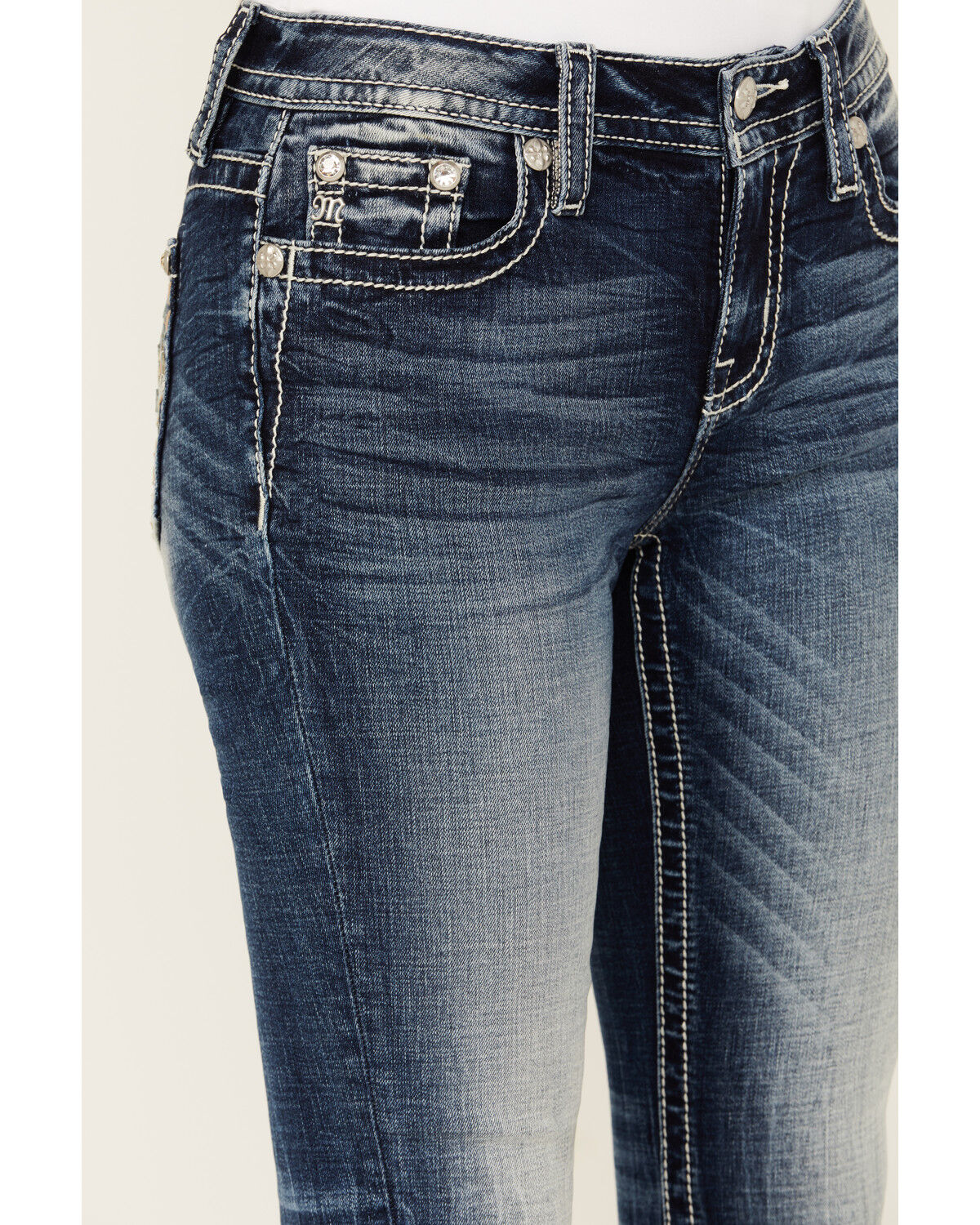 Image #4 - Miss Me Women's Dark Wash Cross Pocket Mid Rise Bootcut Stretch Denim Jeans, Dark Wash, hi-res