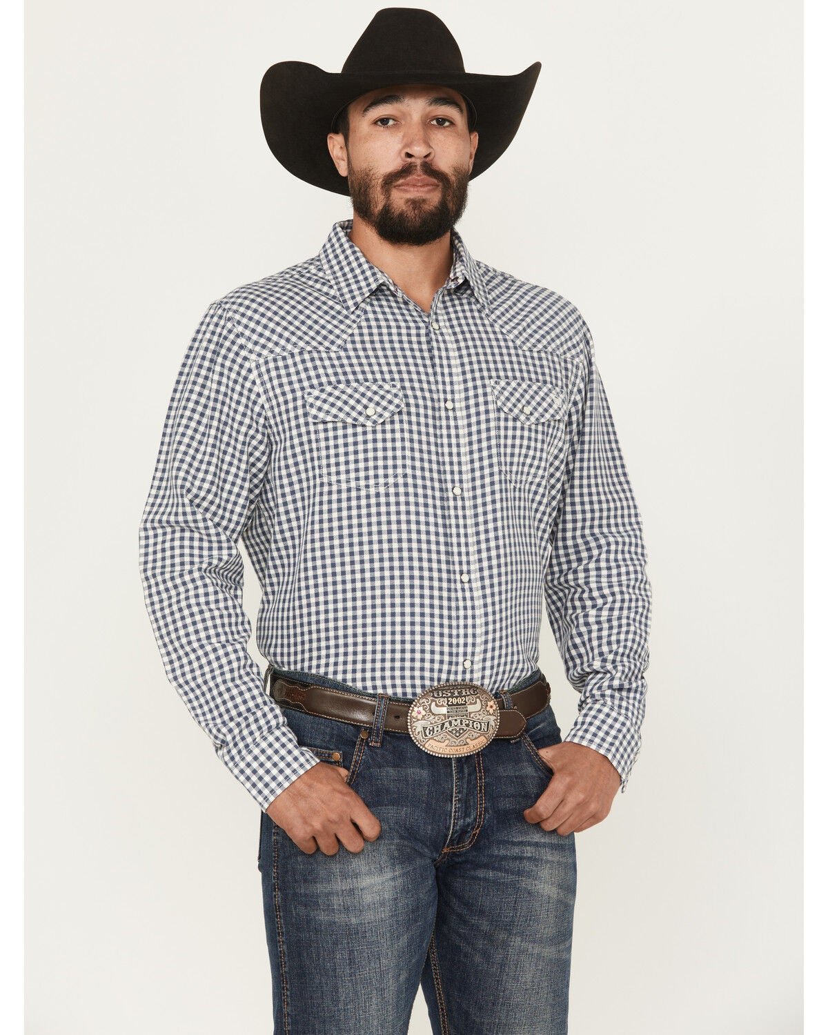 Blue Ranchwear Men's Yucca Plaid Print Long Sleeve Snap Western Shirt, Indigo, hi-res