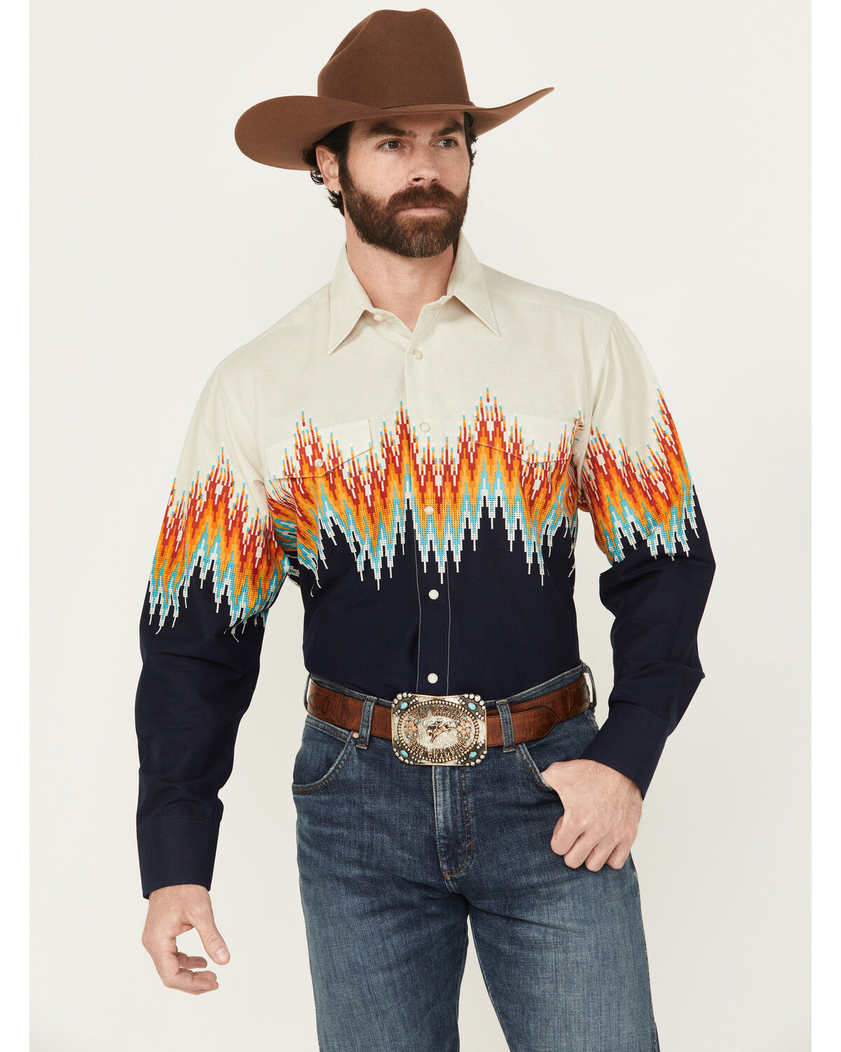 Image #1 - Panhandle Men's Southwestern Border Long Sleeve Snap Western Shirt, Navy, hi-res