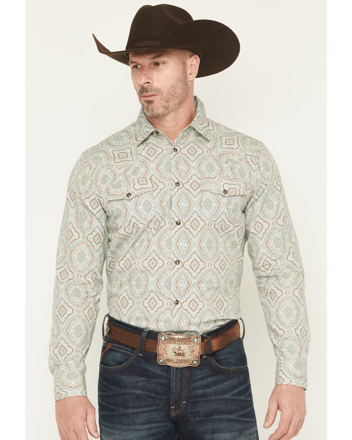 Image #1 - Gibson Trading Co Men's Garfunkle Medallion Print Long Sleeve Snap Stretch Western Shirt, Mint, hi-res