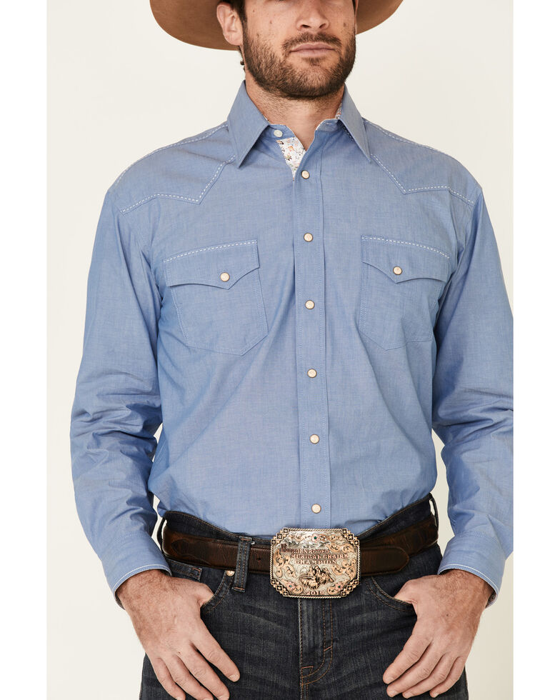 Rough Stock By Panhandle Men's Chambray Fancy Snap Long Sleeve Western Shirt , Blue, hi-res