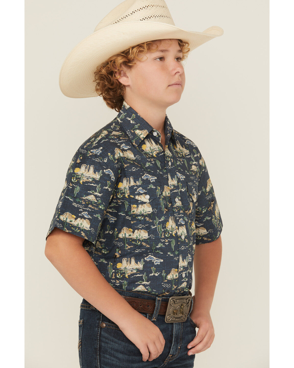 Image #2 - Panhandle Slim Boys' Desert Print Short Sleeve Snap Western Shirt, Navy, hi-res
