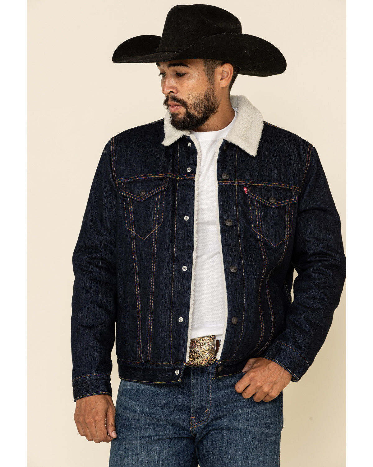 Image #2 - Levi's Men's Juniper Sherpa Lined Trucker Denim Jacket, Dark Blue, hi-res