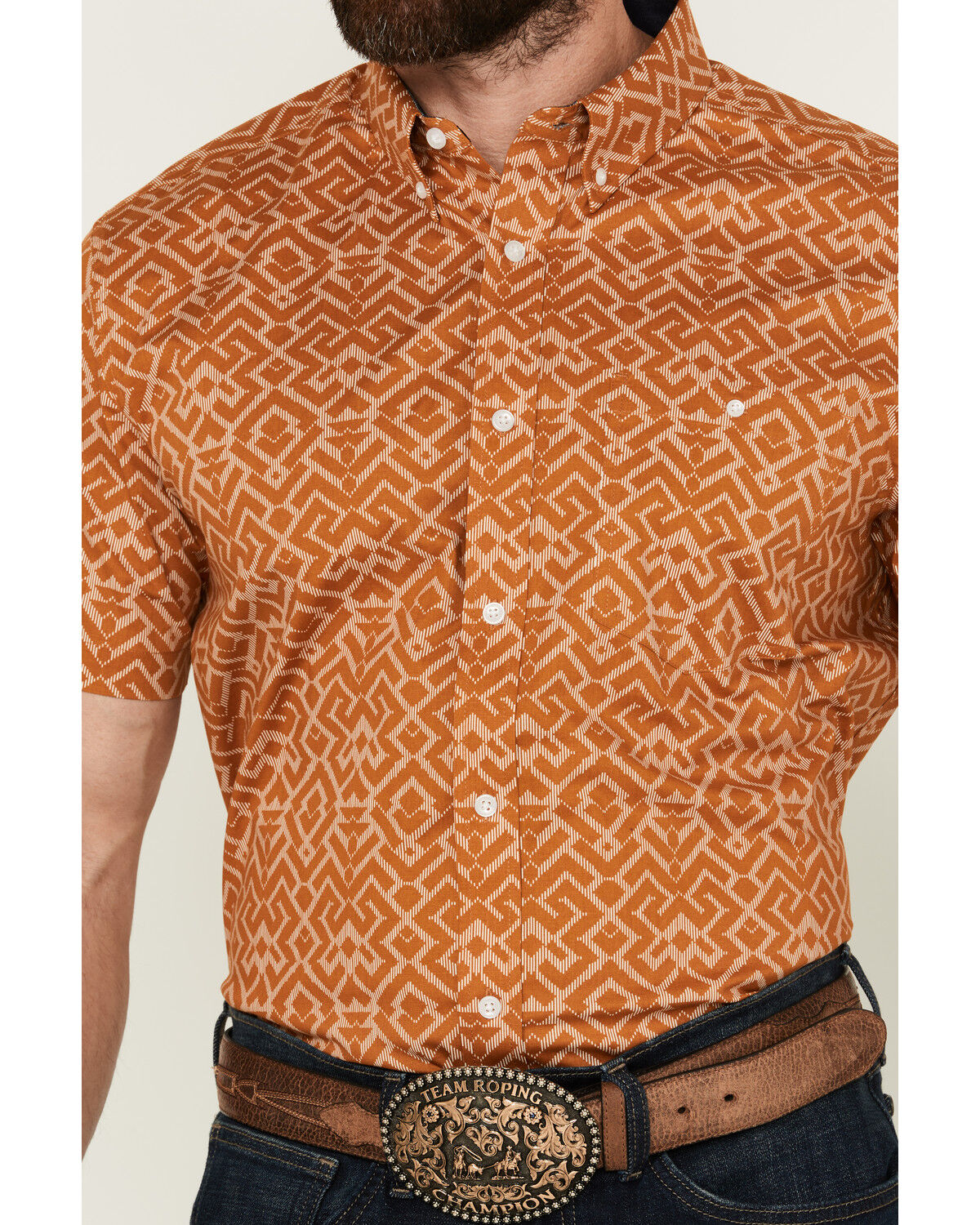 Image #3 - RANK 45® Men's Decker Geo Print Short Sleeve Performance Stretch Button-Down Western Shirt, Gold, hi-res