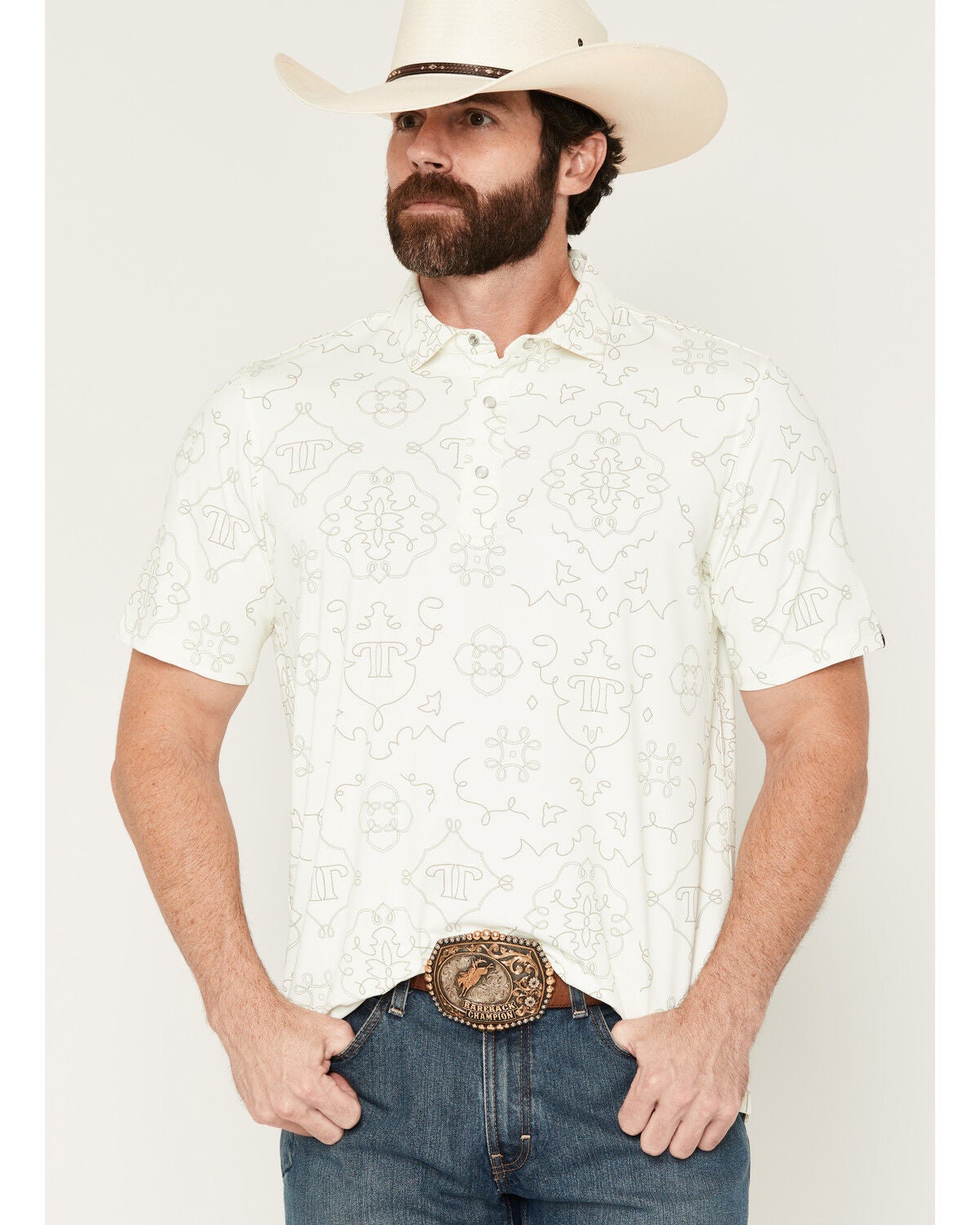 Ferrell Men's Carson Novelty Short Sleeve Snap Stretch Polo Shirt, Cream, hi-res