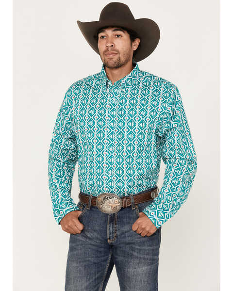 RANK 45® Men's Fearless Geo Long Sleeve Button-Down Western Shirt, Green, hi-res