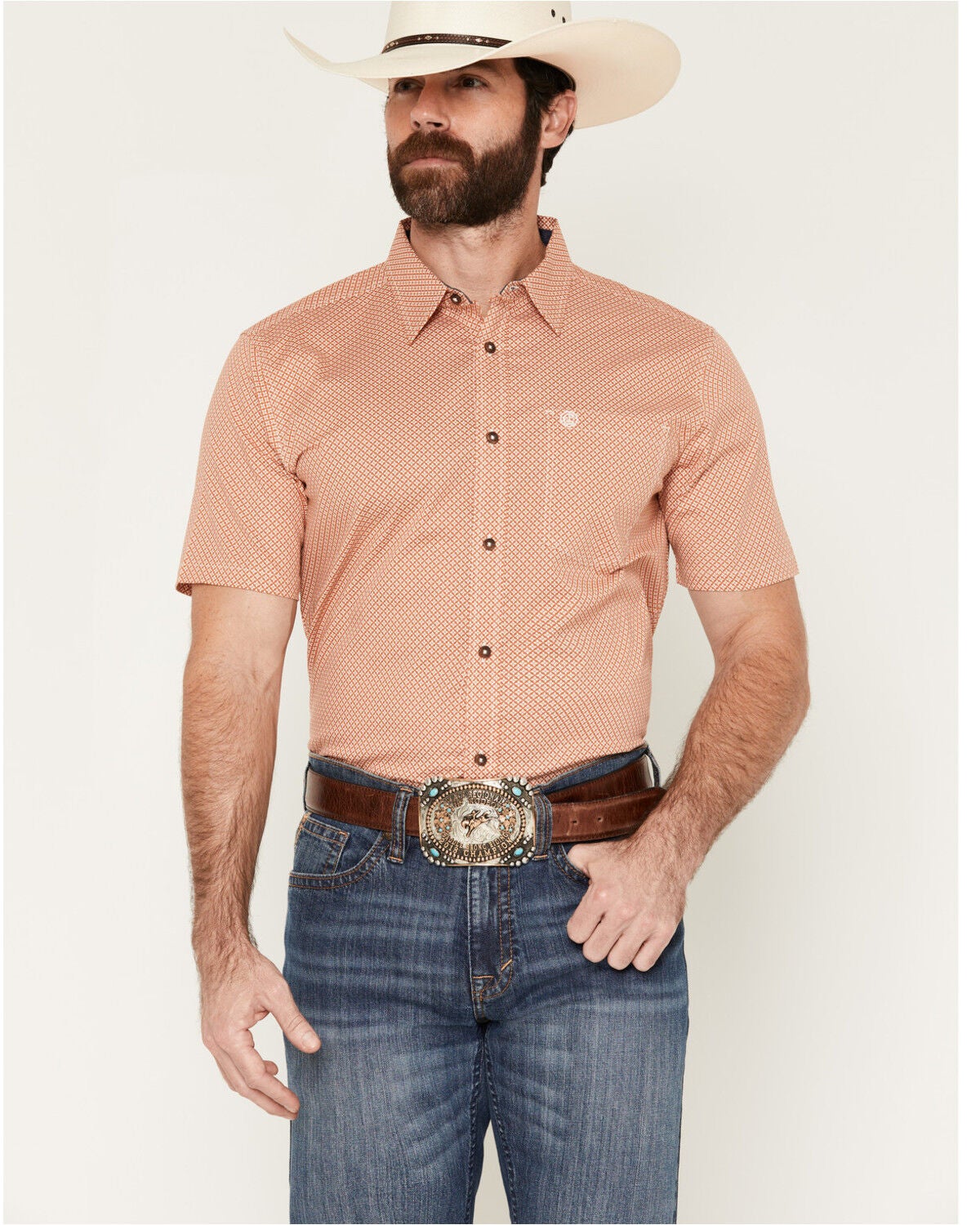 Image #3 - Cody James Men's Grill And Greet Medallion Print Short Sleeve Stretch Western Shirt - Tall, Red, hi-res