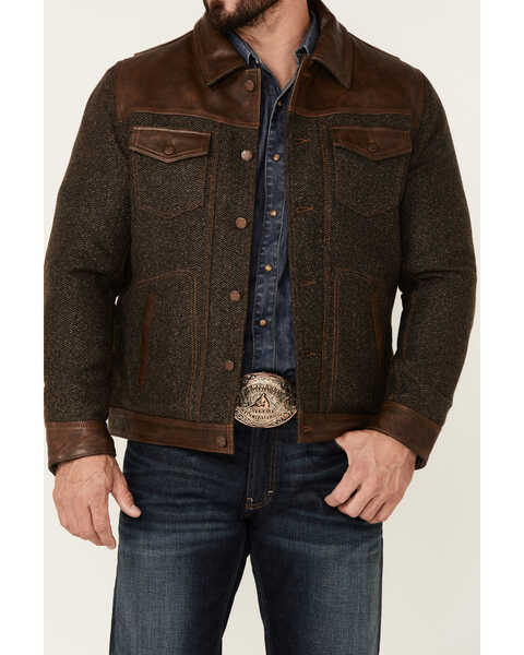 Image #3 - Scully Men's Vintage Herringbone Leather Trim Button-Front Jacket , Brown, hi-res