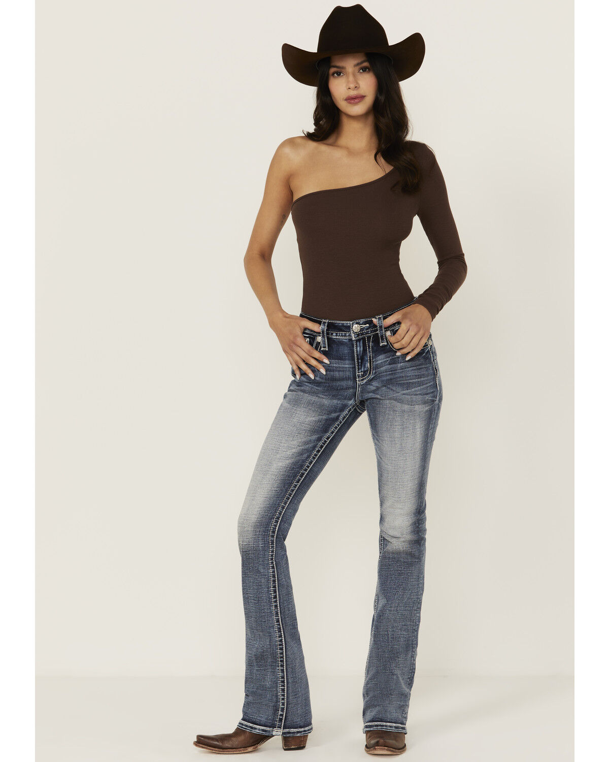 Image #3 - Miss Me Women's Medium Wash Mid Rise Floral Yoke Bootcut Stretch Denim Jeans, Medium Wash, hi-res