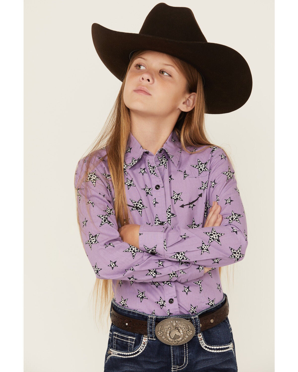 Cruel Girl Girls' Star Print Long Sleeve Snap Western Shirt, Purple, hi-res