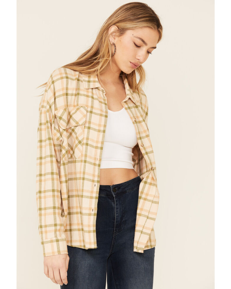 By Together Women's Light Brown Plaid Long Sleeve Button-Down Western Flannel Shirt , Brown, hi-res