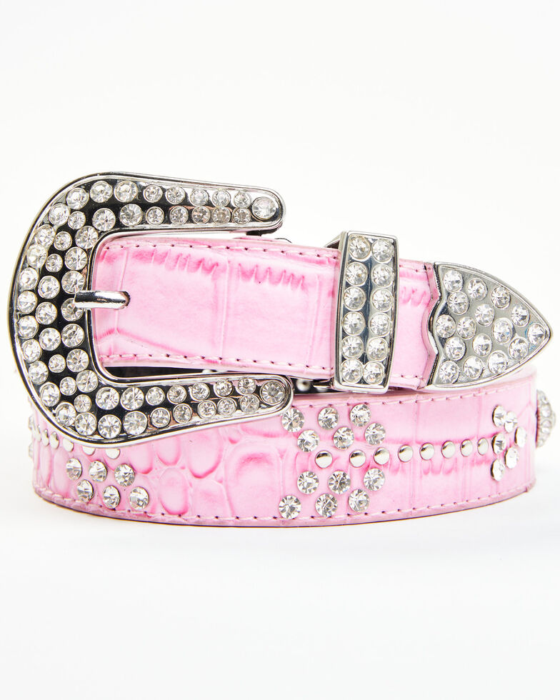 Shyanne Girls' Pink Rhinestone Croc Print Arrow Belt, Pink, hi-res