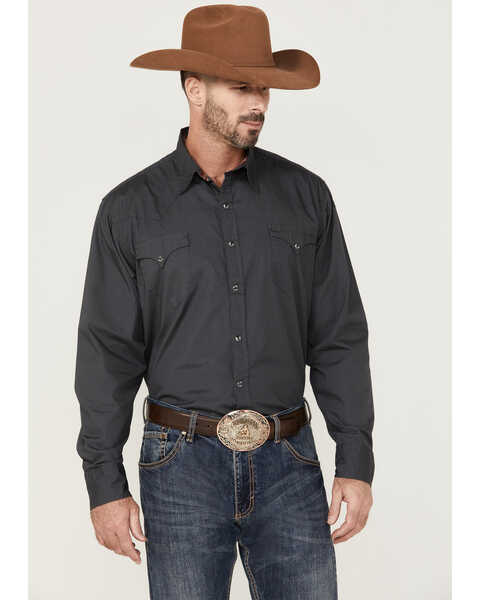Roper Men's Solid Popiln Long Sleeve Snap Western Shirt , Charcoal, hi-res
