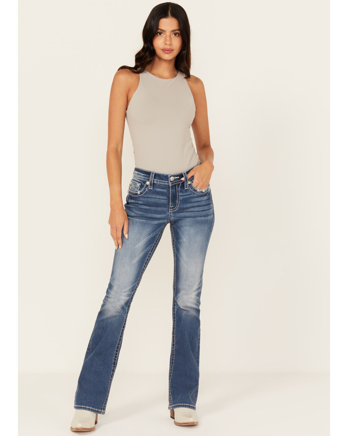 Image #3 - Miss Me Women's Medium Wash Mid Rise Fleur de Lis Pocket Bootcut Stretch Denim Jeans, Medium Wash, hi-res