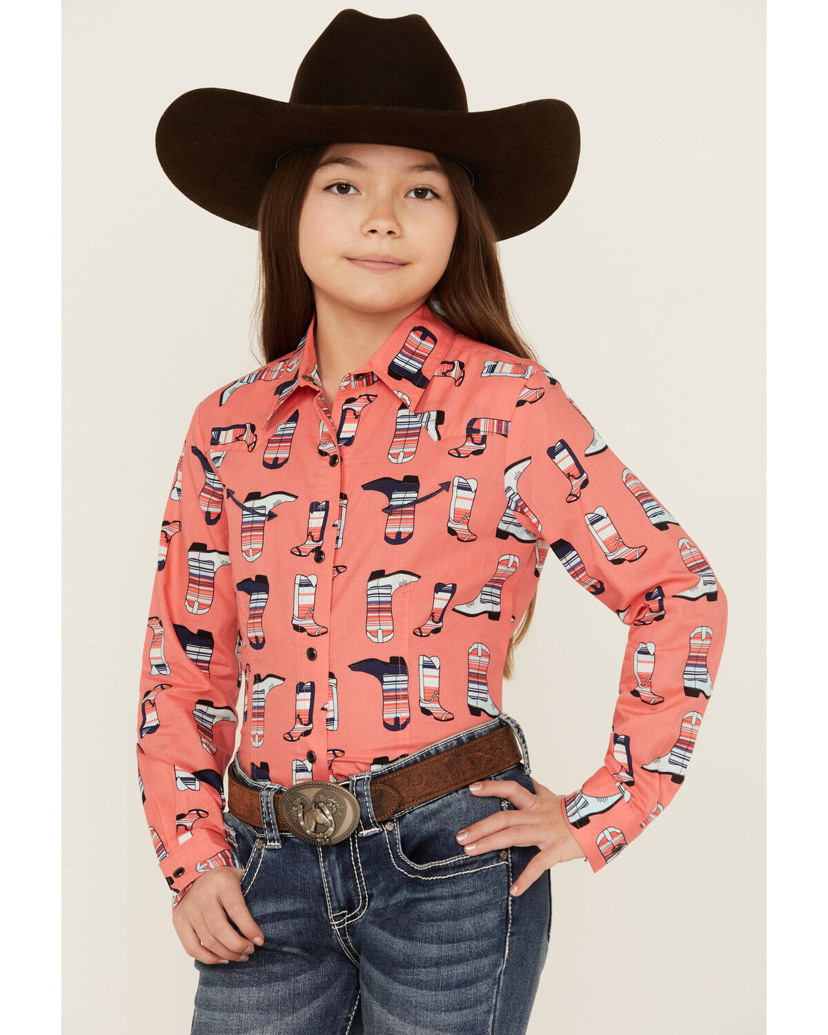 Image #1 - Cruel Girl Girls' Boot Print Long Sleeve Pearl Snap Western Shirt, Coral, hi-res