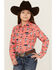Image #1 - Cruel Girl Girls' Boot Print Long Sleeve Pearl Snap Western Shirt, Coral, hi-res