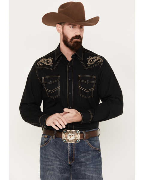 Wrangler Men's Rock 47 Long Sleeve Snap Western Shirt, Black, hi-res