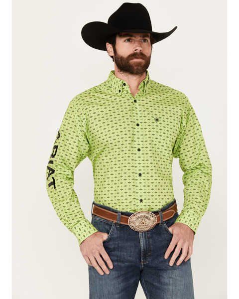 Image #1 - Ariat Men's Team Pruitt Diamond Print Classic Fit Long Sleeve Button-Down Western Shirt, Bright Green, hi-res