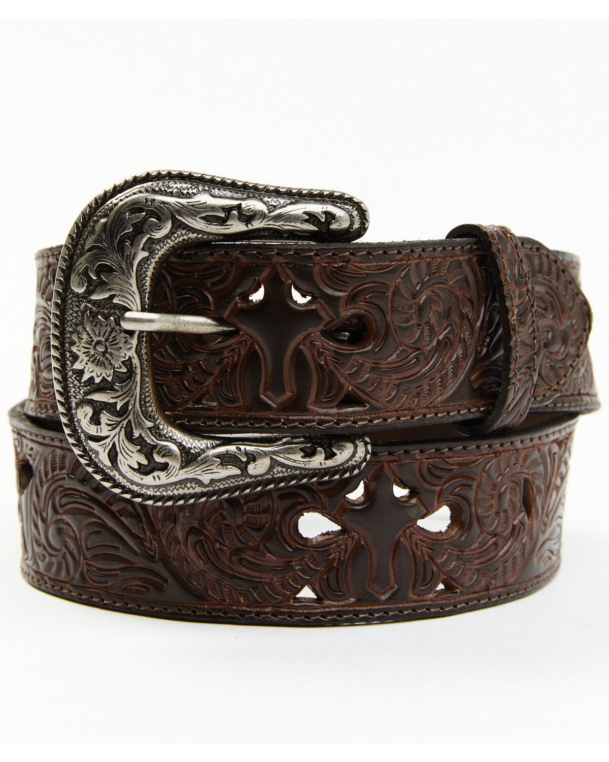 Shyanne Women's Cross Filigree Embossed Western Belt, Dark Brown, hi-res