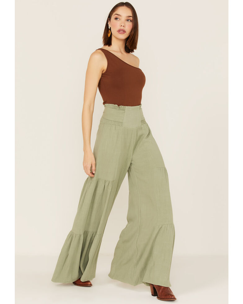 Saints & Hearts Women's Tiered Flowy Bow Front Pants, Green, hi-res