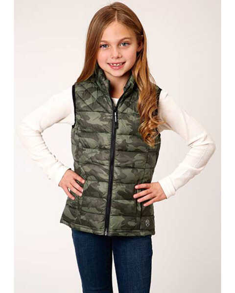 Roper Girls' Lightweight Quilted Camo Puffer Vest, Camouflage, hi-res