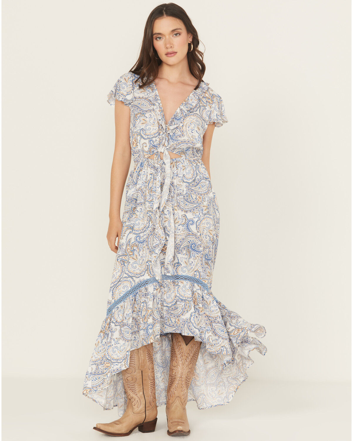 Image #1 - Beyond The Radar Women's Paisley Print Short Sleeve High-Low Dress, Blue, hi-res
