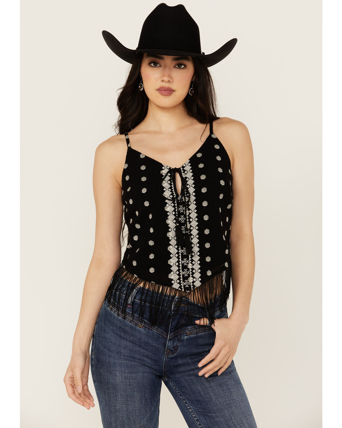 Image #1 - Idyllwind Women's Sunnett Embroidered Fringe Hanky Hem Tank, Black, hi-res