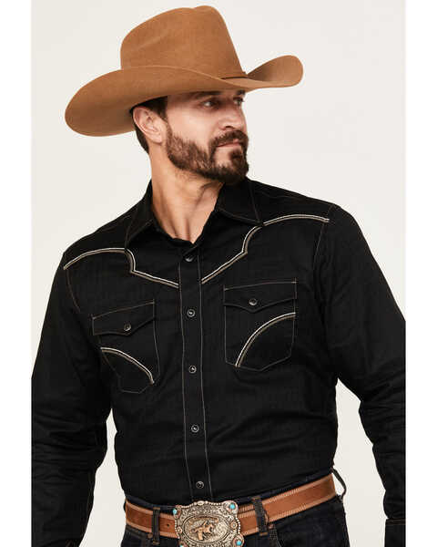 Image #2 - Rock 47 by Wrangler Men's Embroidered Long Sleeve Western Snap Shirt - Tall, Black, hi-res