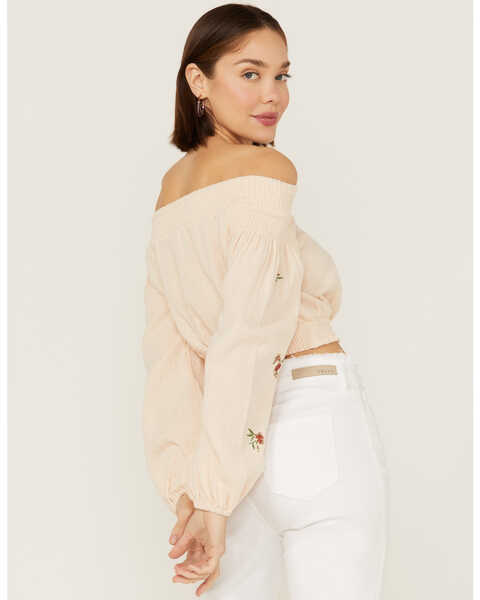 Image #2 - Shyanne Women's Floral Embroidered Off Shoulder Taupe Long Sleeve Crop Top, Taupe, hi-res
