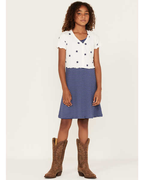 Image #2 - Self Esteem Girls' Star Print Cardigan & Stripe Dress Set - 2-Piece, Navy, hi-res