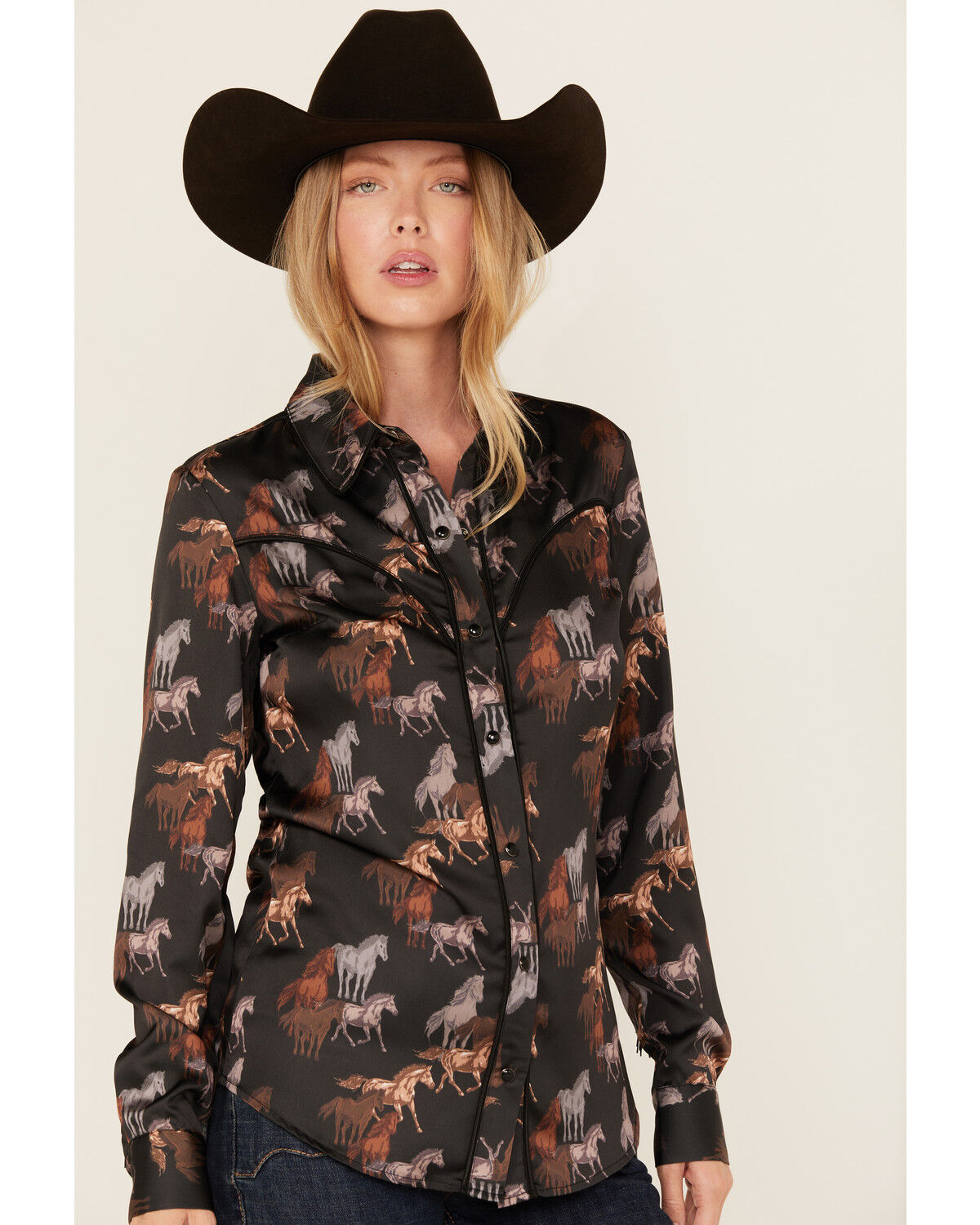 Image #2 - Rock & Roll Denim Women's Horse Print Fringe Long Sleeve Snap Stretch Western Shirt, Black, hi-res