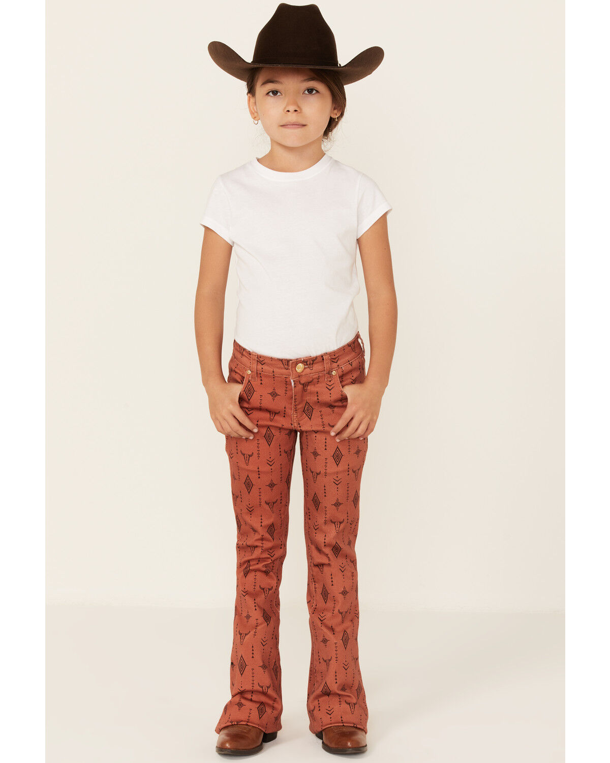 Image #1 - Ranch Dress'n Girls' Southwestern Steerhead Print Stretch Super Flare Jeans, Brown, hi-res