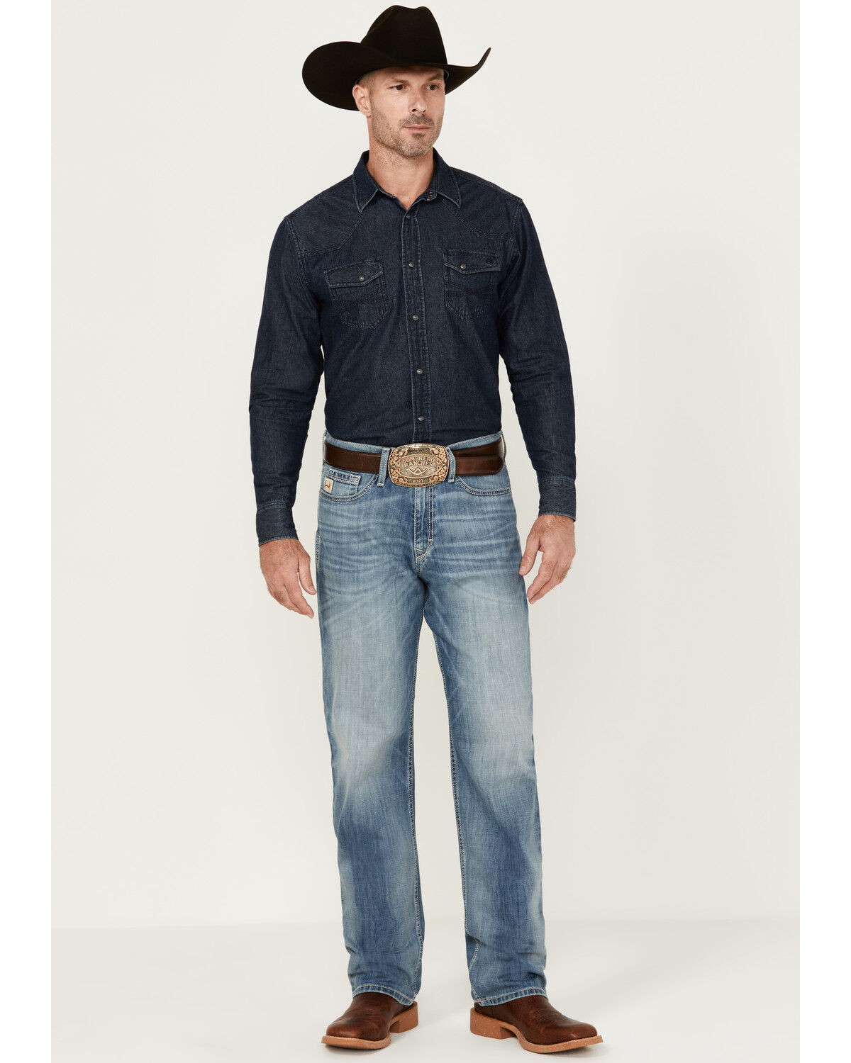 Image #1 - Cinch Men's Sawyer Medium Stonewash Performance Stretch Loose Boot Denim Jeans, Indigo, hi-res