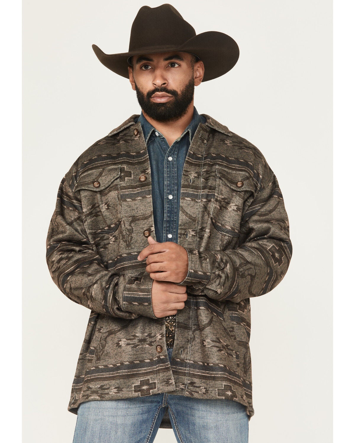 Ariat Men's Caldwell Southwestern Print Long Sleeve Button-Down Shirt Jacket, Brown, hi-res