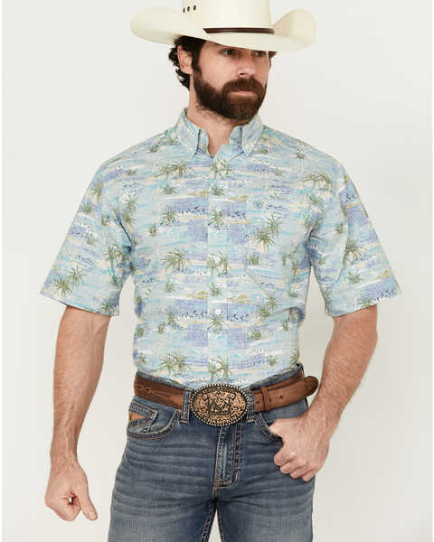 Ariat Men's Edwin Palm Tree Island Print Short Sleeve Button-Down Western Shirt - Tall , Blue, hi-res