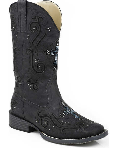 Image #1 - Roper Women's Bling Crystal Cross Faux Western Boots - Square Toe, Black, hi-res