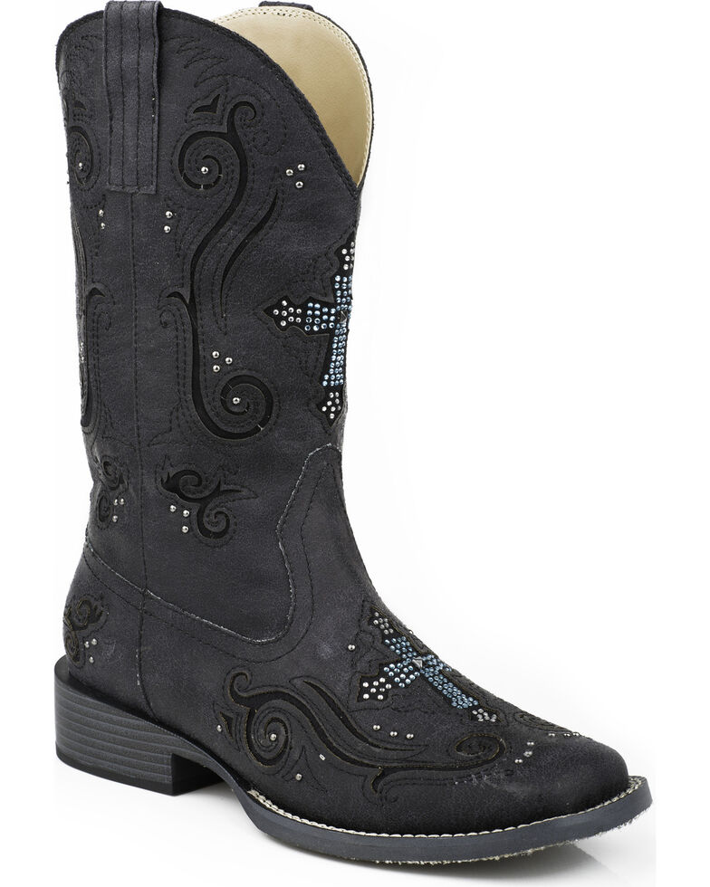 Roper Women's Bling Crystal Cross Faux Leather Cowgirl Boots - Square Toe, Black, hi-res