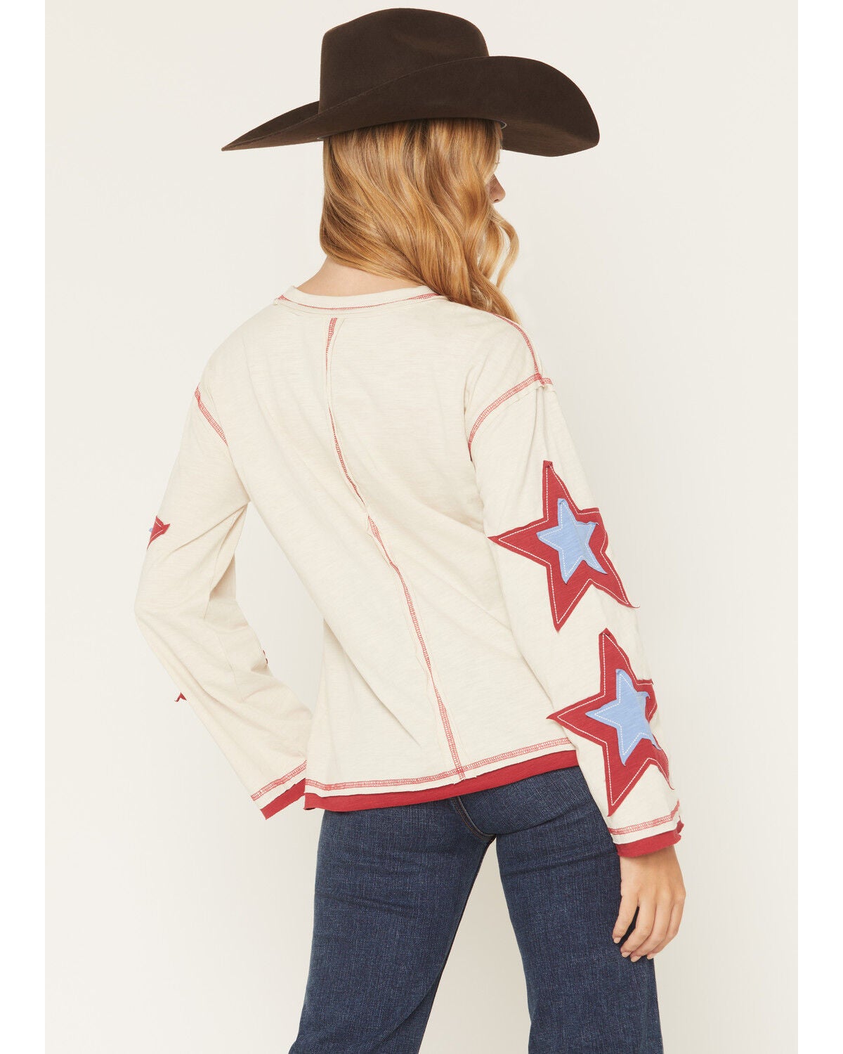 Image #4 - Blended Women's Long Sleeve Star Patchwork Top, Cream, hi-res