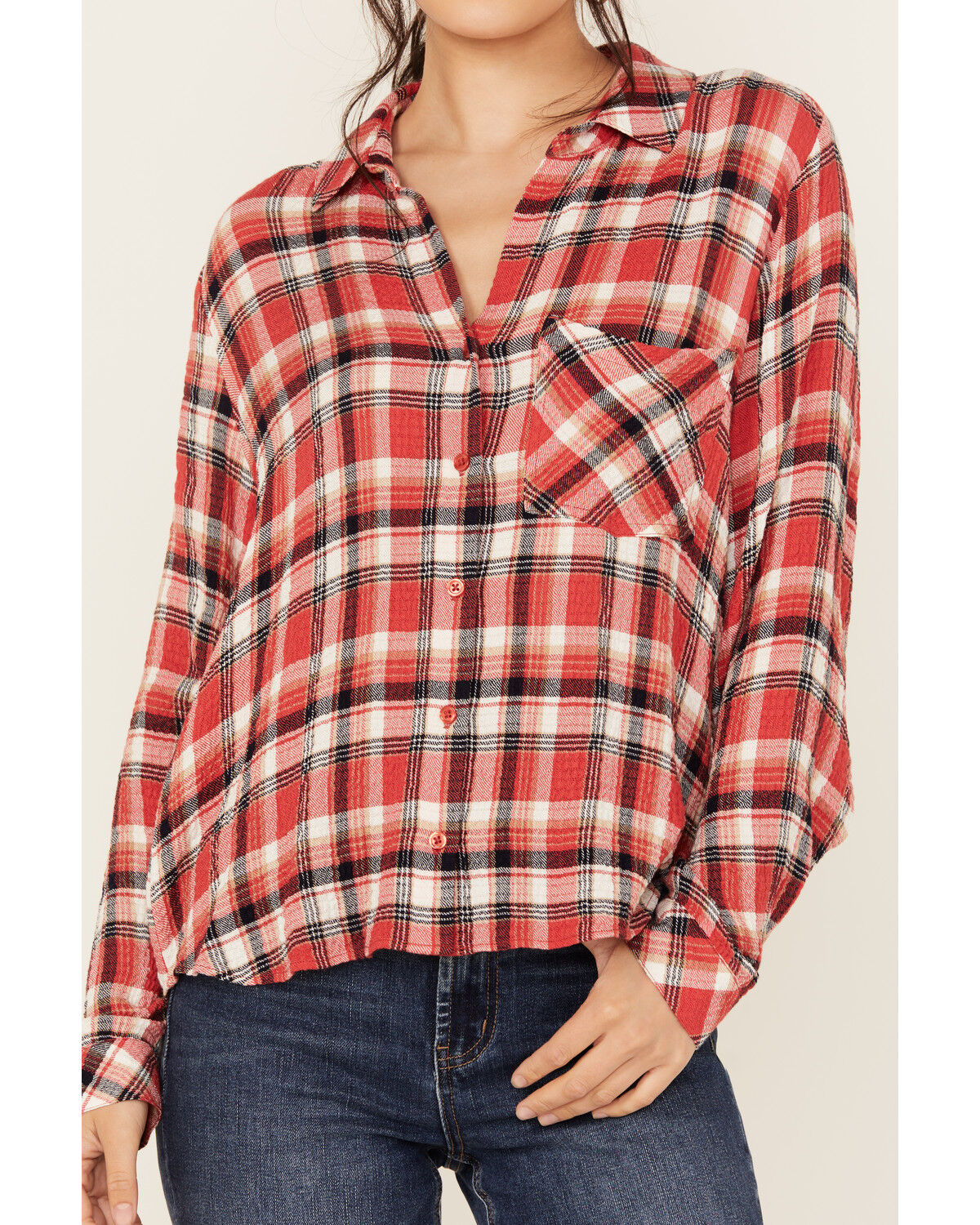 Image #3 - Beyond The Radar Women's Plaid Print Long Sleeve Button-Down Western Shirt, Red, hi-res