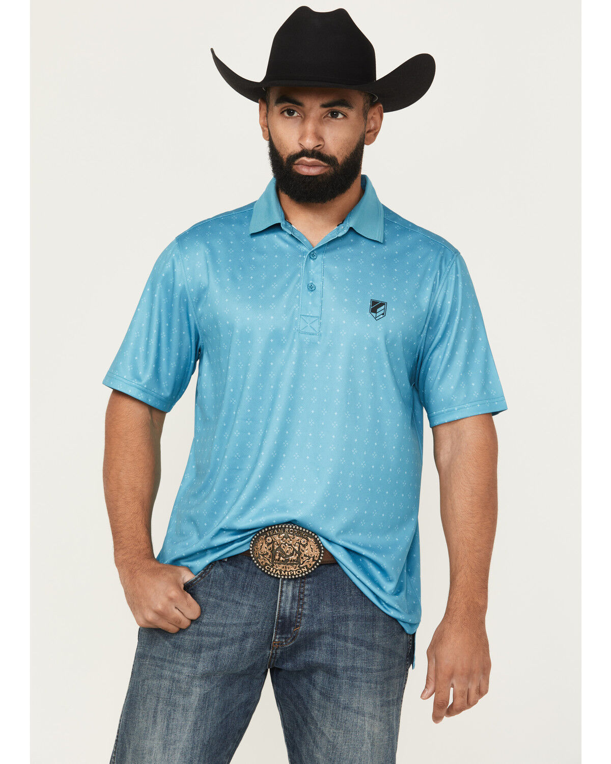 Image #1 - RANK 45® Men's Crossfire Geo Print Short Sleeve Polo, Blue, hi-res