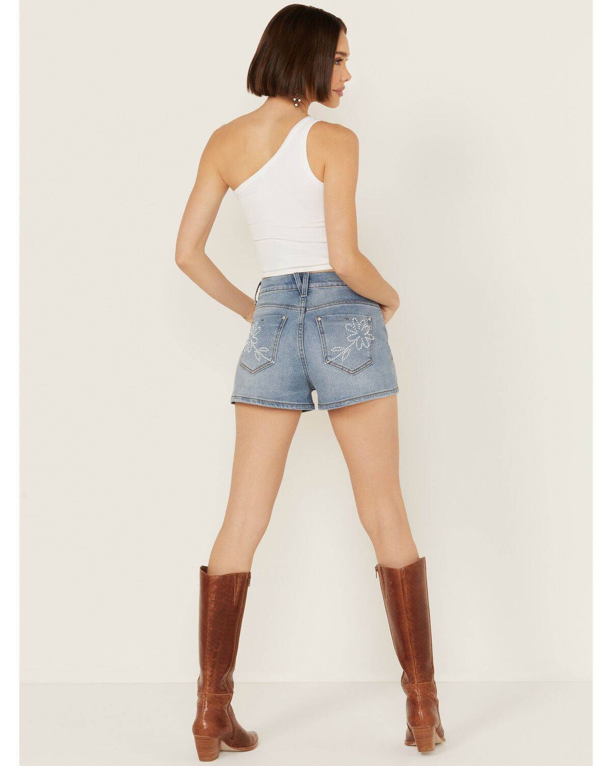 Image #3 - Vibrant Denim Women's Medium Wash High Rise Floral Embellished Denim Shorts, Medium Wash, hi-res