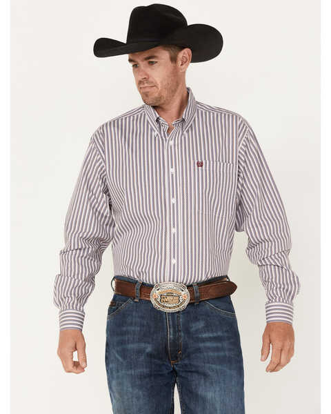 Image #1 - Cinch Men's Vertical Stripe Button Down Western Shirt , White, hi-res