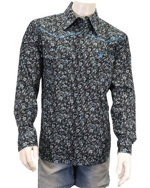 Cowboy Hardware Men's Range Floral Print Long Sleeve Pearl Snap Western Shirt, Black, hi-res