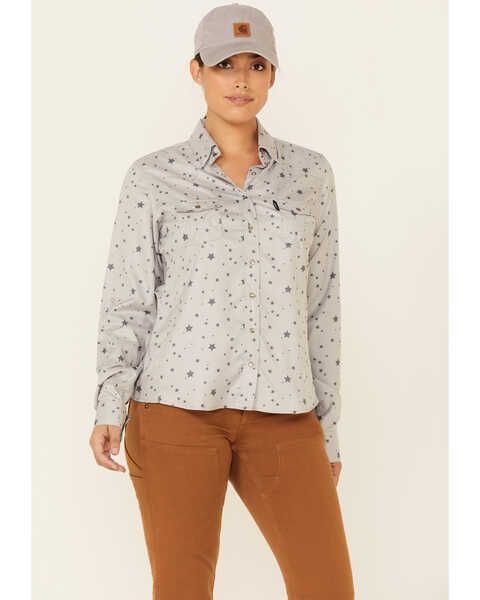 Image #1 - Hooey Women's Star Print Habitat Sol Lightweight Long Sleeve Pearl Snap Western Core Shirt , Grey, hi-res