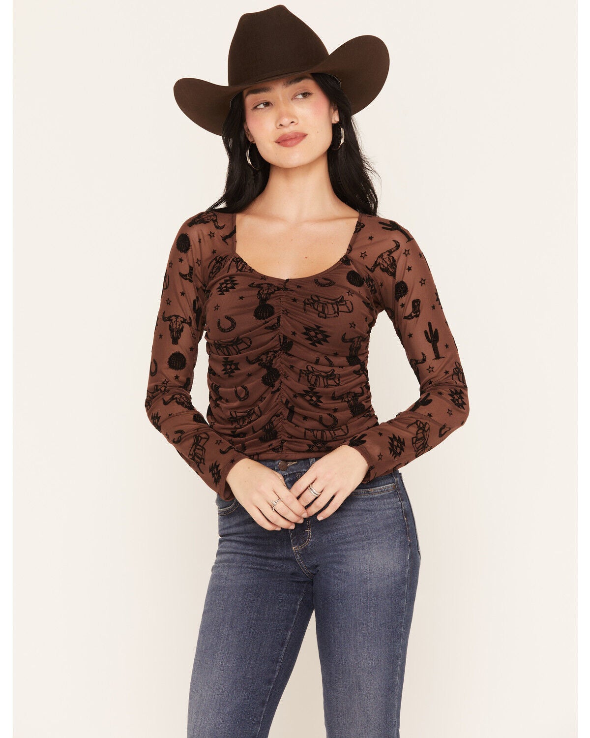 Rock & Roll Denim Women's Western Print Long Sleeve Mesh Top, Brown, hi-res