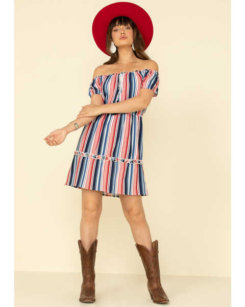 Image #3 - Rock & Roll Denim Women's Stripe Off The Shoulder Dress, Red/white/blue, hi-res