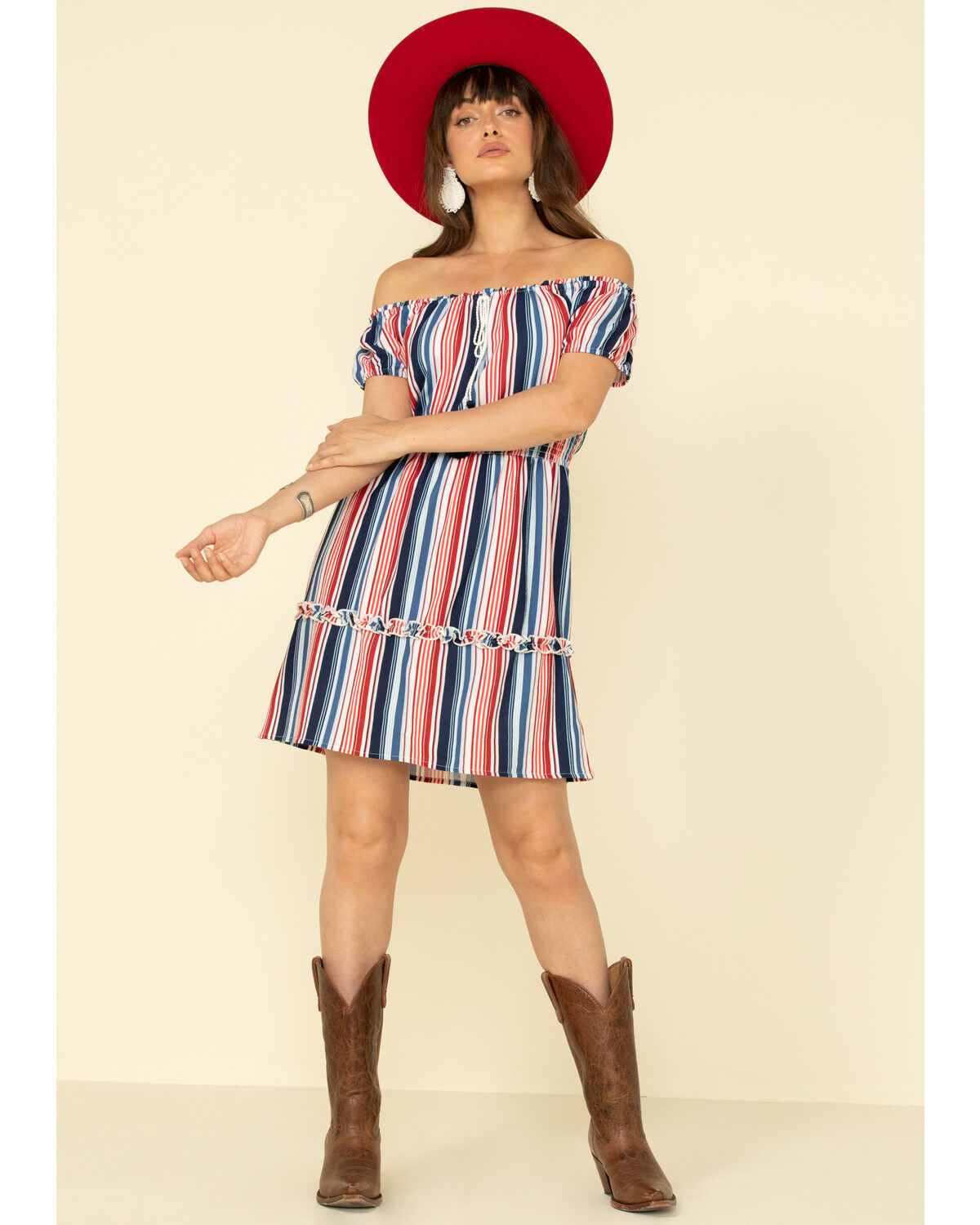 Image #3 - Rock & Roll Denim Women's Stripe Off The Shoulder Mini Dress, Red/white/blue, hi-res