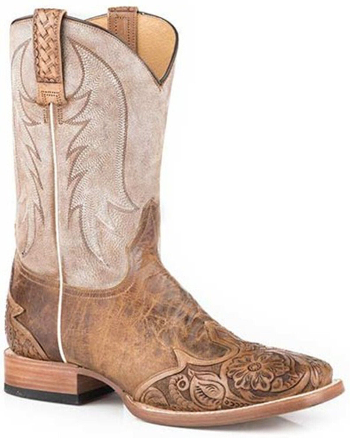 Stetson Men's Diego Tooled Wingtip Western Boots - Broad Square Toe, Tan, hi-res